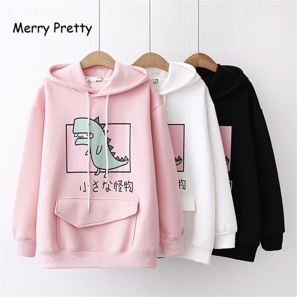 merry pretty winter fleece thick hoodies cartoon dinosaur printed sweatshirt women's clothes sweet hooded drawstring pullover 201113, Black 
merry pretty winter fleece thick hoodies cartoon dinosaur printed sweatshirt women's clothes sweet hooded drawstring pullover 201113, Black