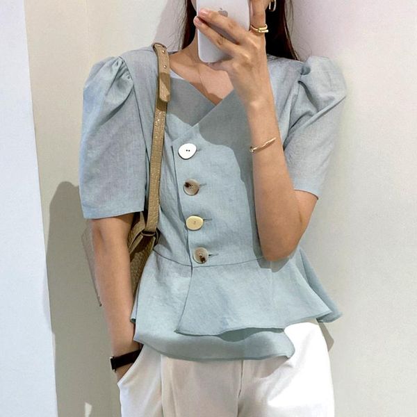 women's blouses & shirts women korean asymmetrical design ruffles blusas candy color slim shirt v neck short sleeve single breast blous, White
women's blouses & shirts women korean asymmetrical design ruffles blusas candy color slim shirt v neck short sleeve single breast blous, White