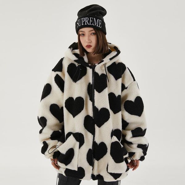 new cute heart-shaped print lambswool winter jacket women drawstring pockets zipper hooded high street warm couple streetwear, Black;brown
new cute heart-shaped print lambswool winter jacket women drawstring pockets zipper hooded high street warm couple streetwear, Black;brown
