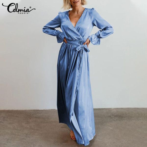 casual dresses women party satin solid dress celmia fashion v neck bandage maxi long sundress vestidos elegant ruffled sleeve robes, Black;gray
casual dresses women party satin solid dress celmia fashion v neck bandage maxi long sundress vestidos elegant ruffled sleeve robes, Black;gray