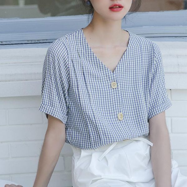 women's blouses & shirts ljsxls retro plaid blouse single breasted shirt ladies casual short sleeve summer korean chic woman clothes 20, White
women's blouses & shirts ljsxls retro plaid blouse single breasted shirt ladies casual short sleeve summer korean chic woman clothes 20, White