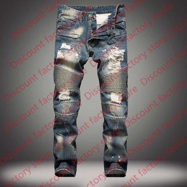 mens retro skinny biker jeans straight slim ripped jeans tide trousers hip hop elasticity slim denim pants, Blue