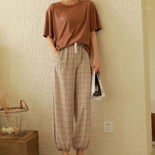 women's two piece pants ladies trousers suit pajamas suits women short-sleeved plaid fashion loose simple home service, White
women's two piece pants ladies trousers suit pajamas suits women short-sleeved plaid fashion loose simple home service, White