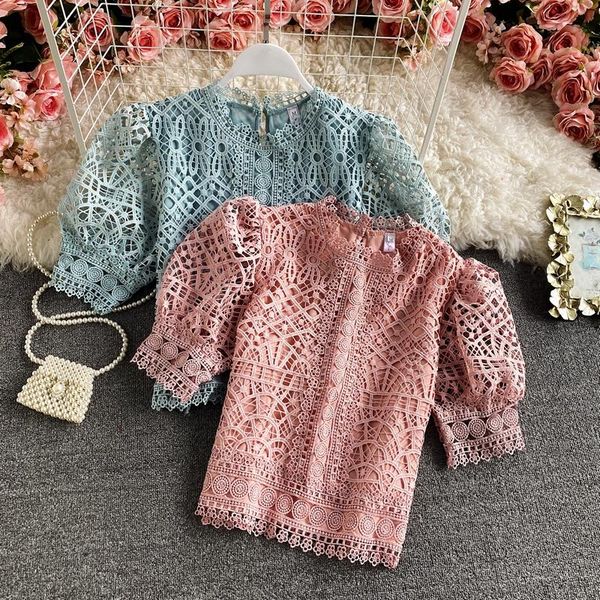 women's blouses & shirts 2021 summer lace hollow out short blouse women elegant pink/blue/white o-neck puff sleeve vintage shirt female
women's blouses & shirts 2021 summer lace hollow out short blouse women elegant pink/blue/white o-neck puff sleeve vintage shirt female