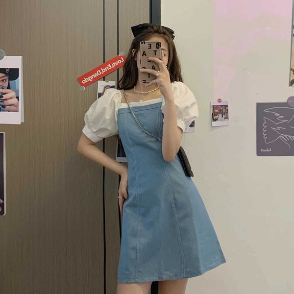 korean summer version 2021 net red a-line high waist slim two wear square collar bubble short sleeve denim drs, Black
korean summer version 2021 net red a-line high waist slim two wear square collar bubble short sleeve denim drs, Black
