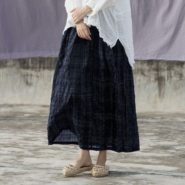 ramie plaid vintage elastic waist women skirts spring a line casual, Black 
ramie plaid vintage elastic waist women skirts spring a line casual, Black