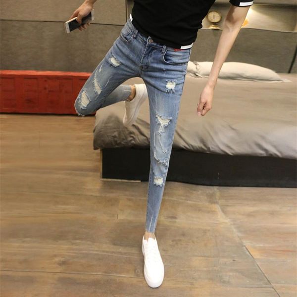 men's jeans spring personality frayed trousers slim-fit denim ankle length pants celebrities ripped cat mustache feet pencil, Blue
men's jeans spring personality frayed trousers slim-fit denim ankle length pants celebrities ripped cat mustache feet pencil, Blue