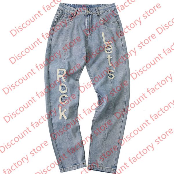 lets rock mens jeans letter embroidered light blue straight denim pants retro street style homme jeans