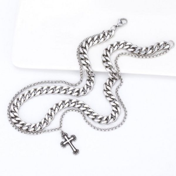 cross-border selling simple titanium steel retro punk european men's double chain cross necklace, Silver
cross-border selling simple titanium steel retro punk european men's double chain cross necklace, Silver