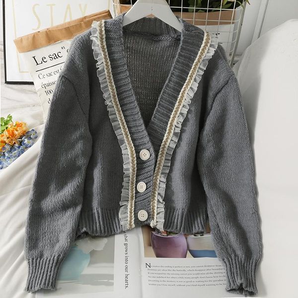 women's knits & tees sweet net yarn stitching ruffles v-neck three-button sweater women cardigans autumn loose long-sleeved female, White
women's knits & tees sweet net yarn stitching ruffles v-neck three-button sweater women cardigans autumn loose long-sleeved female, White