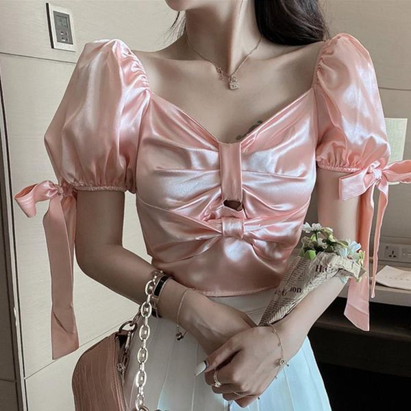women's blouses & shirts bowknot puff sleeve satin blouse women solid sweet v-neck harajuku back folded elastic cropped summer, White
women's blouses & shirts bowknot puff sleeve satin blouse women solid sweet v-neck harajuku back folded elastic cropped summer, White