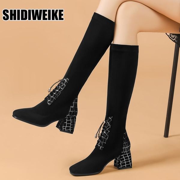 boots women warm knee high winter 2021 woman flocks party shoes ladies fashion heels lace up long female footwear, Black 
boots women warm knee high winter 2021 woman flocks party shoes ladies fashion heels lace up long female footwear, Black