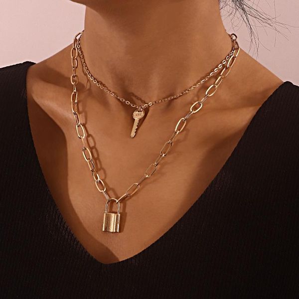 pendant necklaces fashion gold color double chain lock key metal choker necklace for women retro alloy all match jewelry party, Silver
pendant necklaces fashion gold color double chain lock key metal choker necklace for women retro alloy all match jewelry party, Silver