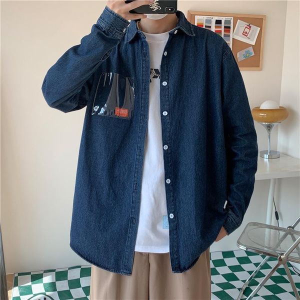 men's casual shirts fashion denim long-sleeved shirt pocket collage autumn and winter loose ins button up korean clothes, White;black
men's casual shirts fashion denim long-sleeved shirt pocket collage autumn and winter loose ins button up korean clothes, White;black