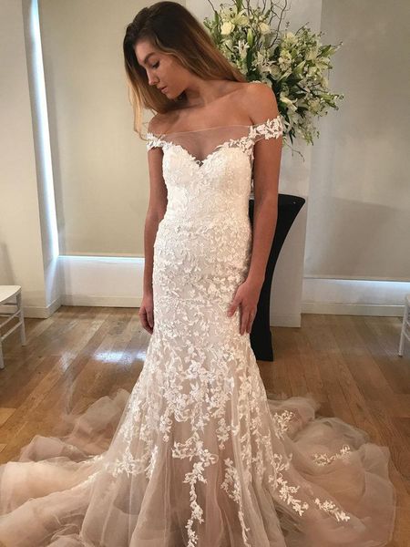off the shoulder lace mermaid wedding dresses with appliques sweep train tulle plus size bridal gowns, White
off the shoulder lace mermaid wedding dresses with appliques sweep train tulle plus size bridal gowns, White