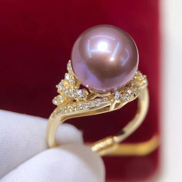 cluster rings d809 pearl ring fine jewelry 925 sterling silver round 11-12mm nature fresh water purple pearls for women presents, Golden;silver