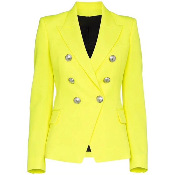 est fashion designer blazer women's lion buttons double breasted fluorescence yellow jacket 210930, White;black
est fashion designer blazer women's lion buttons double breasted fluorescence yellow jacket 210930, White;black