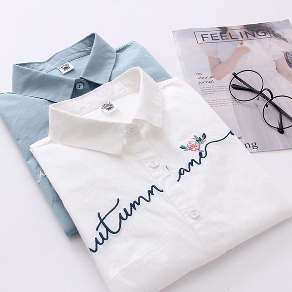 2021 New White 100% Cotton Women School Letter Floral Embroidery Blue Tops Ladies Blouses Long Female Shirt X347
2021 New White 100% Cotton Women School Letter Floral Embroidery Blue Tops Ladies Blouses Long Female Shirt X347