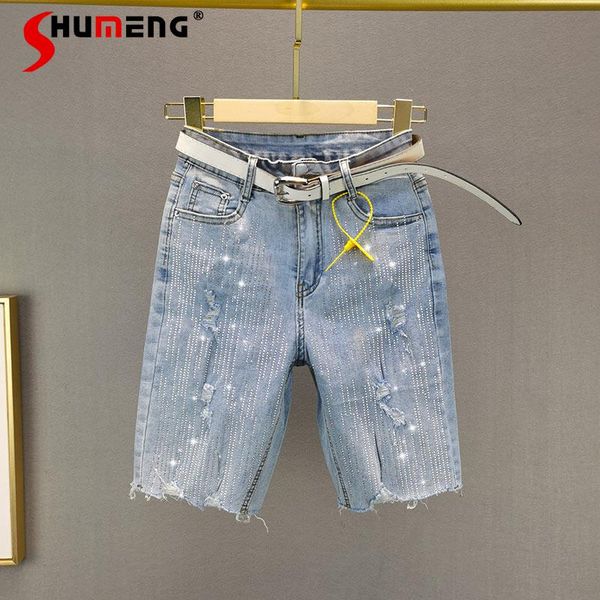 women's jeans 2021 summer light blue diamond hole knee-length denim pants ladies high waist tight slim fit hem for female
women's jeans 2021 summer light blue diamond hole knee-length denim pants ladies high waist tight slim fit hem for female