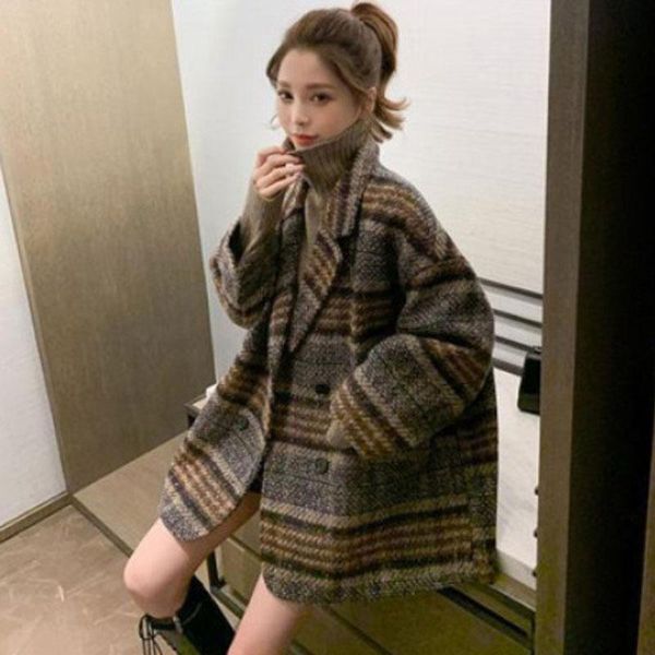 women's wool & blends autumn winter thickened plaid coat loose medium length long-sleeve cashmere overc versatile commuter windbreaker, Black
women's wool & blends autumn winter thickened plaid coat loose medium length long-sleeve cashmere overc versatile commuter windbreaker, Black