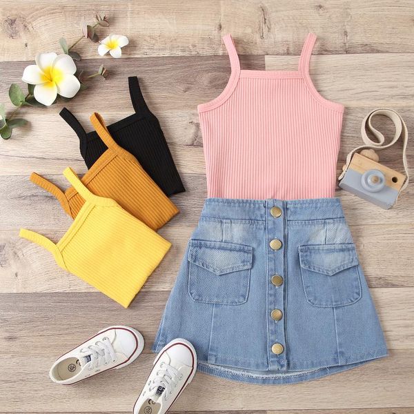 clothing sets girl's two piece set children's solid color ribbed sleeveless vest denim a-kine skirt with pockets holiday casual ou, White
clothing sets girl's two piece set children's solid color ribbed sleeveless vest denim a-kine skirt with pockets holiday casual ou, White