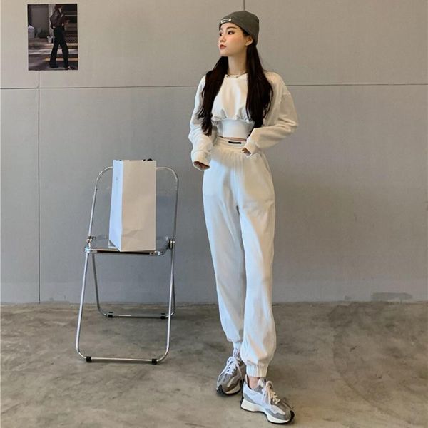 women's two piece pants spring short round neck blouse high waist loose and thin straight trousers plus size women clothing set, White
women's two piece pants spring short round neck blouse high waist loose and thin straight trousers plus size women clothing set, White