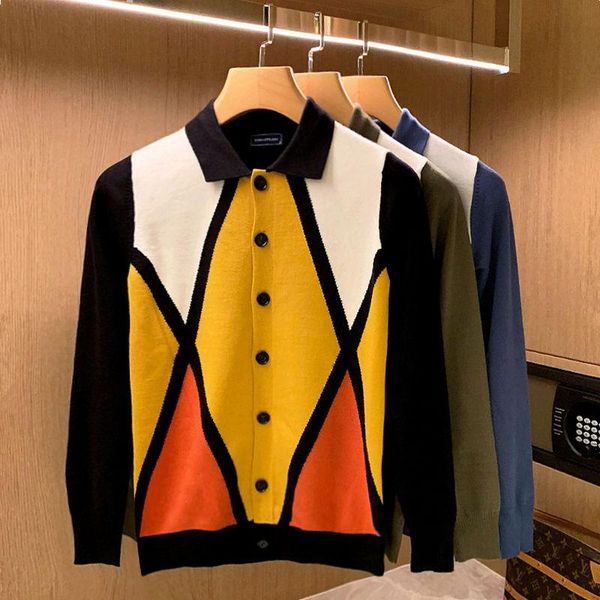 men's sweaters sweater fall 2021 fashion lapel knit cardigan personality diamond color blocking jacket, White;black
men's sweaters sweater fall 2021 fashion lapel knit cardigan personality diamond color blocking jacket, White;black