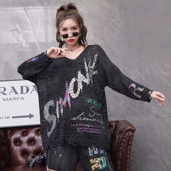 women's sweaters tide letter print sequin sweater o neck long sleeve fashion loose casual plus size women 2021 autumn korea, White;black
women's sweaters tide letter print sequin sweater o neck long sleeve fashion loose casual plus size women 2021 autumn korea, White;black