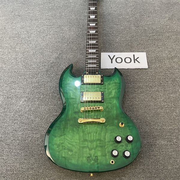 l5 trans green quilted mape sg double cutaway electric guitar abalone body binding & inlay, gold hardware, grover tuners
l5 trans green quilted mape sg double cutaway electric guitar abalone body binding & inlay, gold hardware, grover tuners