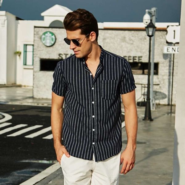 stand collar men's 160 xs neutral chinese pure cotton vertical stripe short sleeve shirt, White;black
stand collar men's 160 xs neutral chinese pure cotton vertical stripe short sleeve shirt, White;black