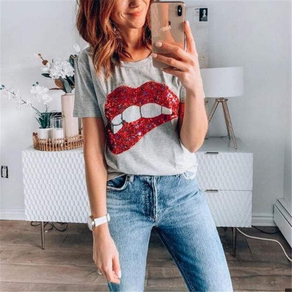 women's t-shirt sequins lips women short sleeve ladies tee shirt summer fashion casual gray female t-shirts streetwear, White
women's t-shirt sequins lips women short sleeve ladies tee shirt summer fashion casual gray female t-shirts streetwear, White