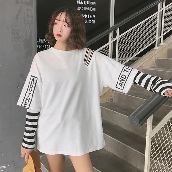 harajuku style fake two strapless striped stitching t-shirt long section long-sleeved loose t-shirt women's t200319, White
harajuku style fake two strapless striped stitching t-shirt long section long-sleeved loose t-shirt women's t200319, White