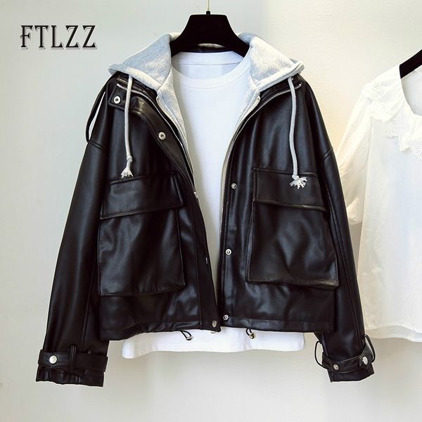 autumn faux soft leather jacket women patchwork hooded streetwear black biker coat female loose moto pu outwear 210602
autumn faux soft leather jacket women patchwork hooded streetwear black biker coat female loose moto pu outwear 210602