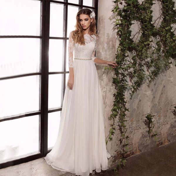 other wedding dresses a line simple rustic gown three quarter sleeve illusion lace button back chiffon custom made bridal, White
other wedding dresses a line simple rustic gown three quarter sleeve illusion lace button back chiffon custom made bridal, White