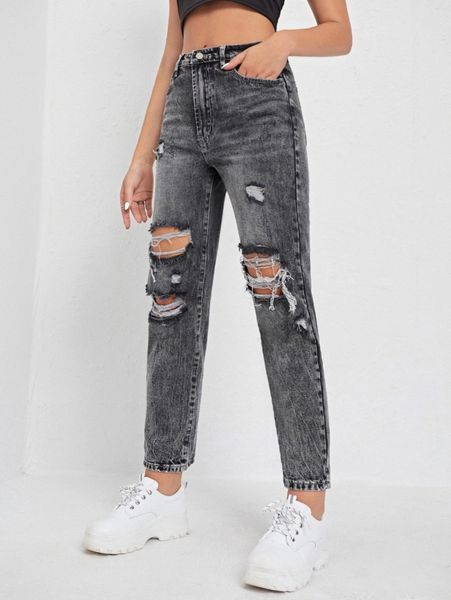 high waist ripped detail mom jeans d8yo#, Blue
