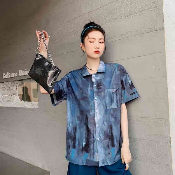 women's two piece pants oil painting blue short sleeve button down shirt 2021 trend fashion women streetwear summer loose blou, White
women's two piece pants oil painting blue short sleeve button down shirt 2021 trend fashion women streetwear summer loose blou, White
