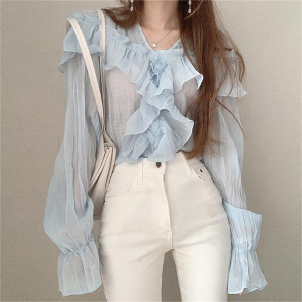 women's blouses & shirts harajuku v-neck ruffles sleeves chiffon women office lady autumn streetwear solid fashion, White
women's blouses & shirts harajuku v-neck ruffles sleeves chiffon women office lady autumn streetwear solid fashion, White