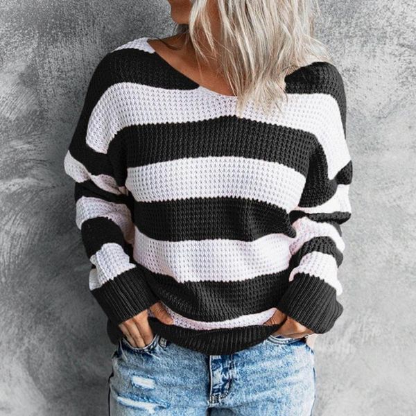 women's sweaters women sweater color block temperament loose knitted striped pullover for daily wear, White;black
women's sweaters women sweater color block temperament loose knitted striped pullover for daily wear, White;black