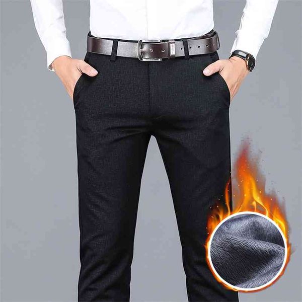 winter men's warm casual pants business fashion fleece thick plaid trousers office stretch male brand 210715, Black