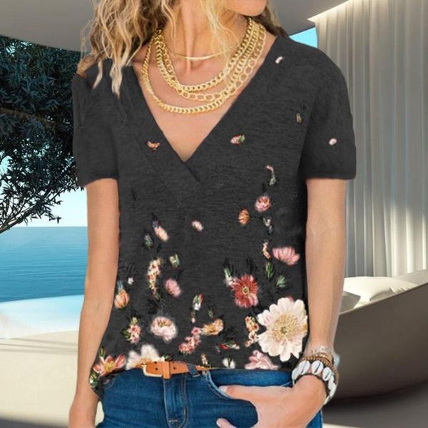 women's t-shirt st-shirt flower print breathable polyester women v-neck blouse for dating, White
women's t-shirt st-shirt flower print breathable polyester women v-neck blouse for dating, White