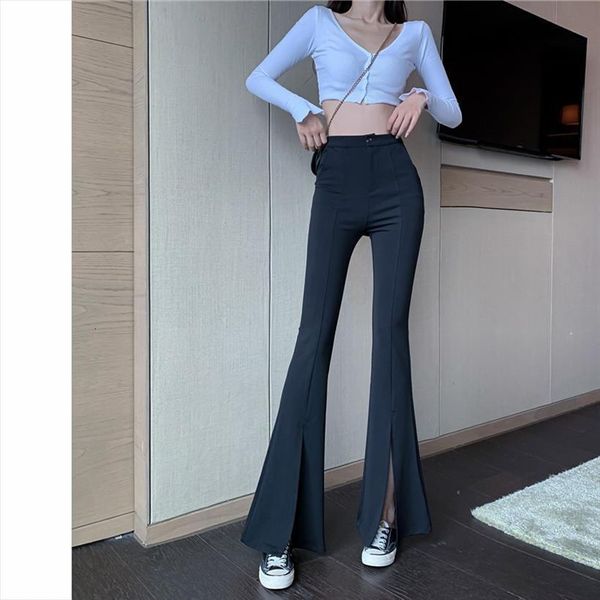 quarter elastic waist solid flare womens pants stretchy bell bottom black split suit trousers arrival clothing, Black;white
quarter elastic waist solid flare womens pants stretchy bell bottom black split suit trousers arrival clothing, Black;white