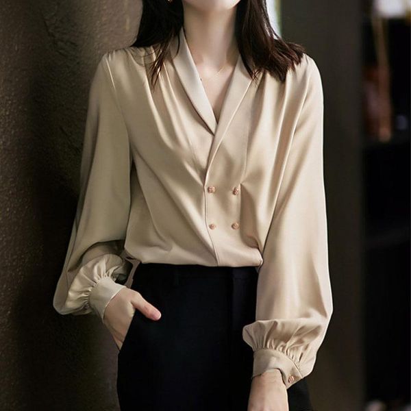 women's blouses & shirts chic designer women blouse solid color turn down collar double breasted shirt for office lady blusas, White 
women's blouses & shirts chic designer women blouse solid color turn down collar double breasted shirt for office lady blusas, White