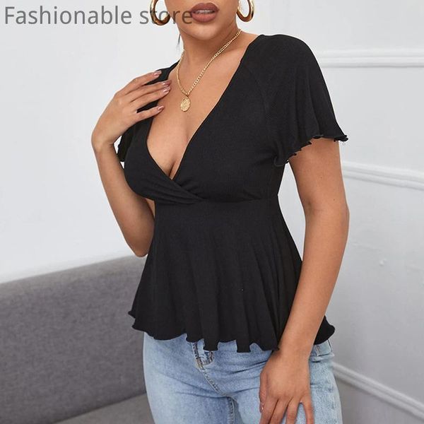 women's t-shirt women v-neck slim waist ruffles hem short sleeve knitted tee female top, White
women's t-shirt women v-neck slim waist ruffles hem short sleeve knitted tee female top, White
