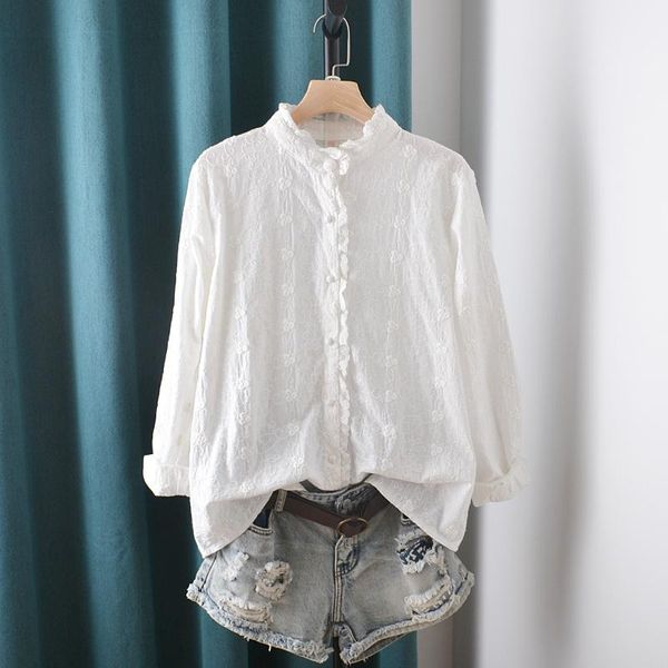 women's blouses & shirts sweet ruffled collar cotton surface floral embroidery long sleeve shirt blouse 2021 summer, White
women's blouses & shirts sweet ruffled collar cotton surface floral embroidery long sleeve shirt blouse 2021 summer, White