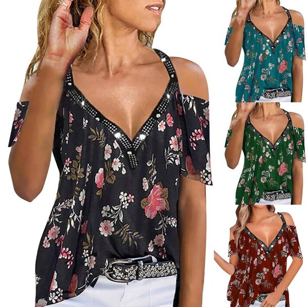 women's t-shirt summer women loose floral print v-neck strapless short-sleeved casual large size pullover blusas, White
women's t-shirt summer women loose floral print v-neck strapless short-sleeved casual large size pullover blusas, White