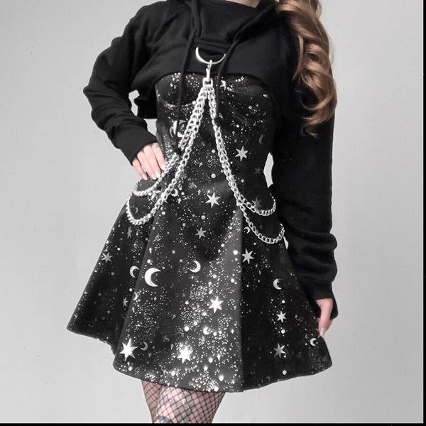 gothic dark print elegant dress goth pleated spaghetti strap black dresses iron hoodie long sleeve punk 2 piece sets, Gray
gothic dark print elegant dress goth pleated spaghetti strap black dresses iron hoodie long sleeve punk 2 piece sets, Gray