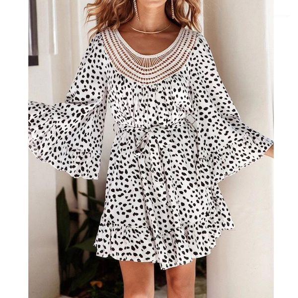 casual dresses leopard polka dot dress women 2021 autumn winter ruffle hem short hollow out o neck elegant ladies flare sleeve, Black;gray 
casual dresses leopard polka dot dress women 2021 autumn winter ruffle hem short hollow out o neck elegant ladies flare sleeve, Black;gray
