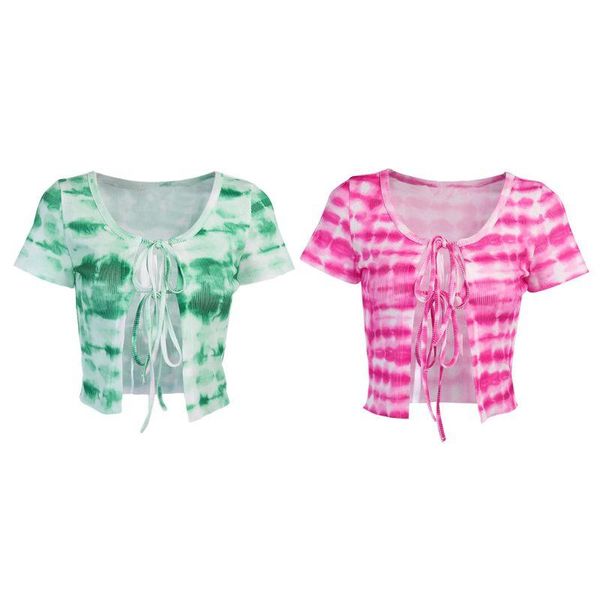 women summer ribbed knit short sleeve t-shirt gradient tie-dye printed lace-up front cardigan bandage o-neck slim clubwear, White
women summer ribbed knit short sleeve t-shirt gradient tie-dye printed lace-up front cardigan bandage o-neck slim clubwear, White