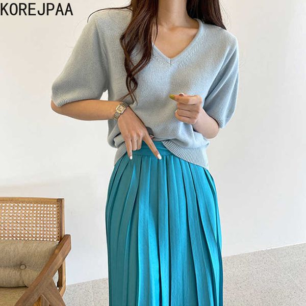 korejpaa women sets korea chic elegant v-neck loose wild short sleeve knitted sweater+high waist irregular pleated skirt 210526, White
korejpaa women sets korea chic elegant v-neck loose wild short sleeve knitted sweater+high waist irregular pleated skirt 210526, White
