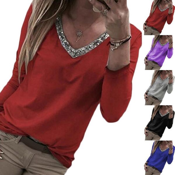 autumn solid women casual v neck sequins loose color block long sleeve blouse cotton  spandex pullover womens blouse s 5xl, White
autumn solid women casual v neck sequins loose color block long sleeve blouse cotton  spandex pullover womens blouse s 5xl, White